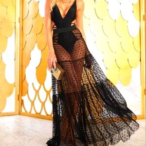 Sexy Black Sheer Polka Dot Maxi Skirt Sz Large